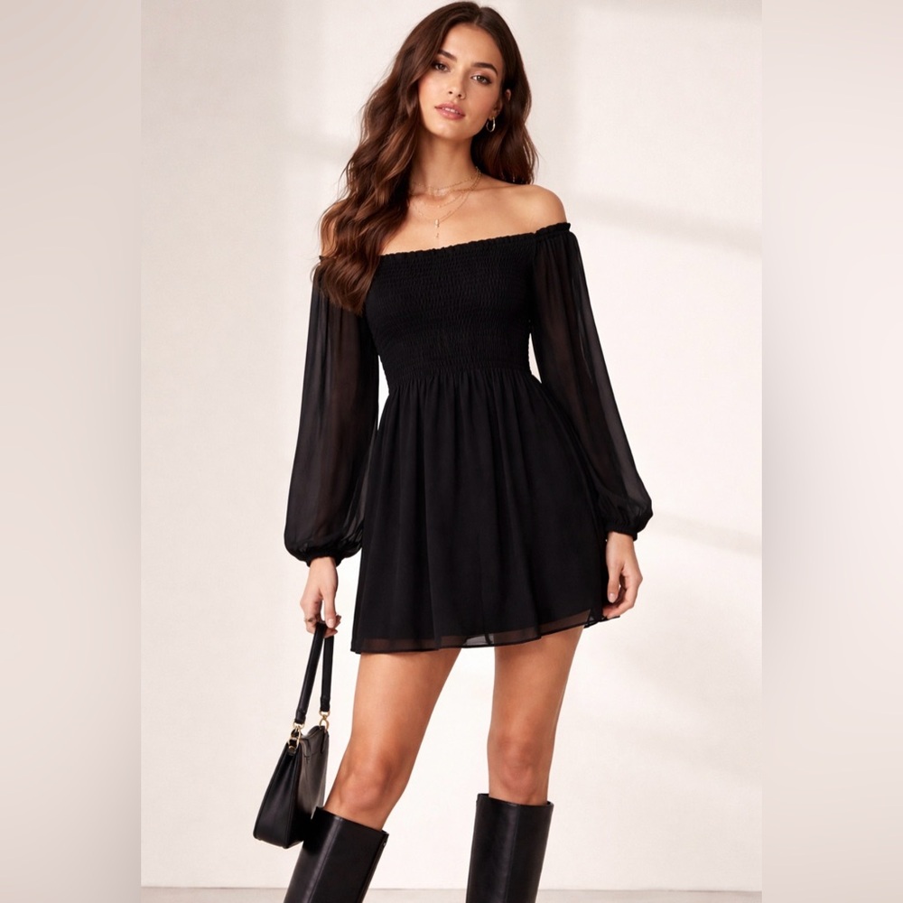 Reformation Off Shoulder Smocked Mini Dress Women’s Size 8‎ Long Sleeve Black